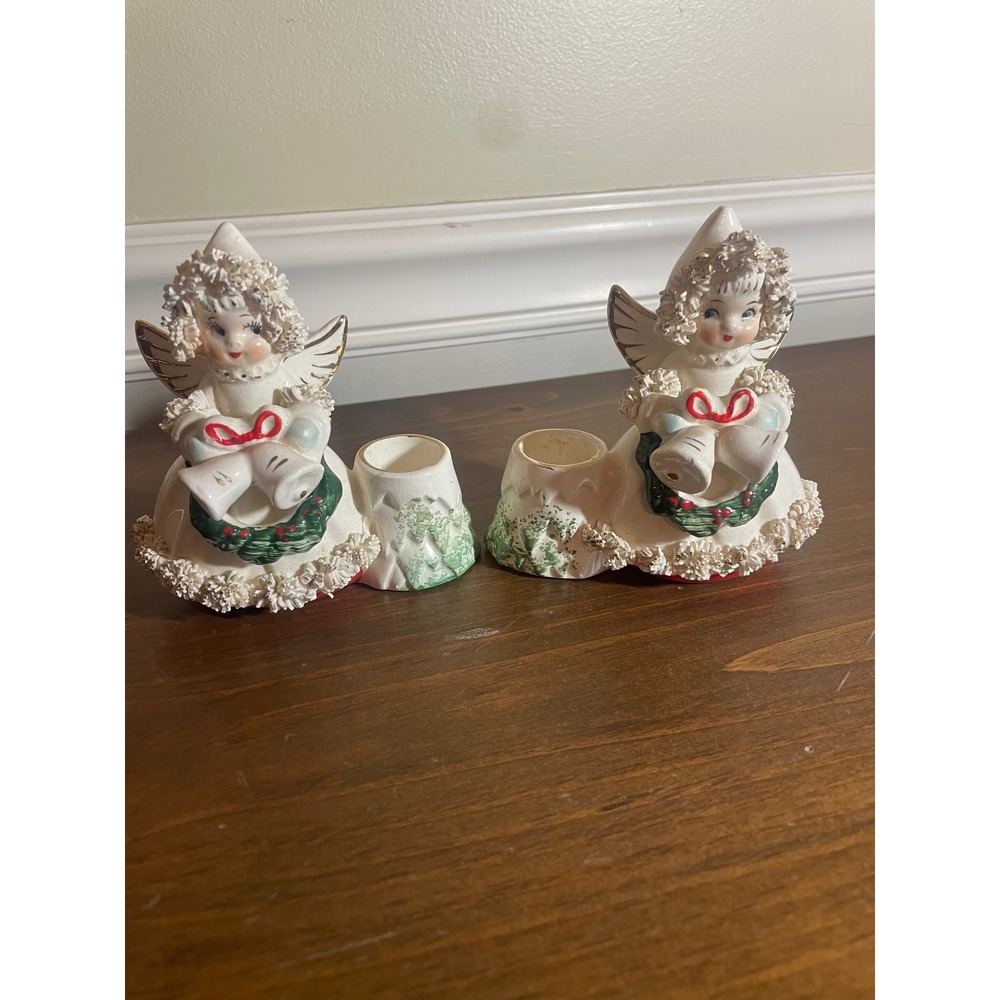 Vintage Commodore Japan Spaghetti Angel Candle Holders Set of 2 Christmas Decor